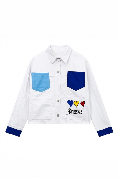 Contrast Pockets Embroidery Heart Letter Pattern Lapel Single Breasted Coat