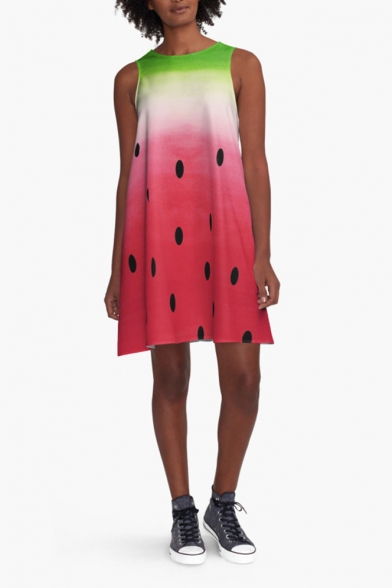 Cute Watermelon Printed Sleeveless Color Block Mini Swing Dress