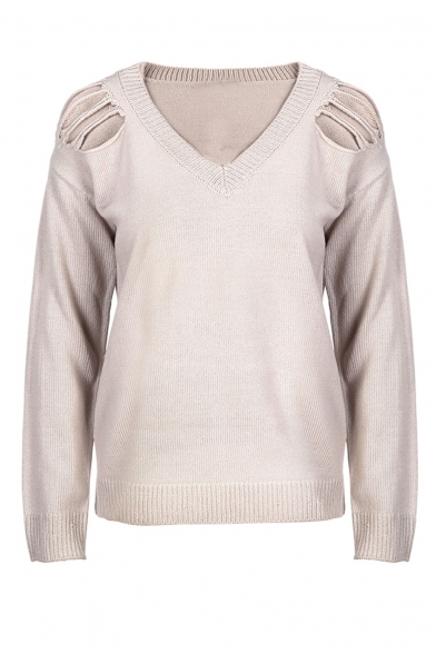 Fashion V-Neck Cutout Shoulder Long Sleeve Plain Pullover Sweater