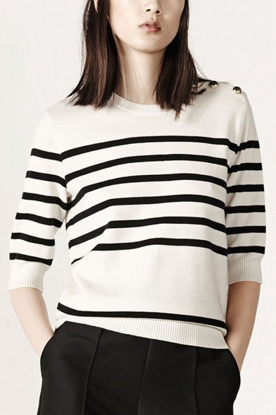 Half Sleeve Striped Color Block Casual Sweater with Round Neck