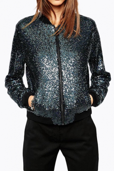 New Fashion Sequined Zipper Placket Stand-Up Collar Long Sleeve Bomber Jacket