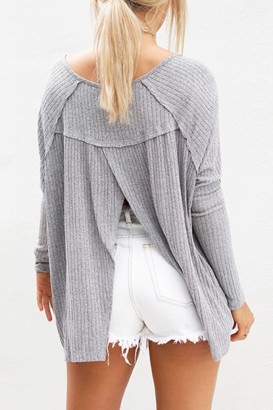 V-Neck Long Sleeve Slit Back Casual Loose Plain Pullover Sweater