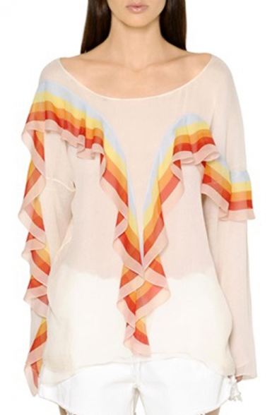 Fashion Colorful Striped Ruffle Long Sleeve Round Neck Blouse Top