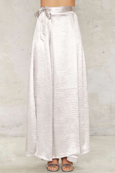 Sexy Fashion Split Front Belt Waist Plain Maxi Skirt