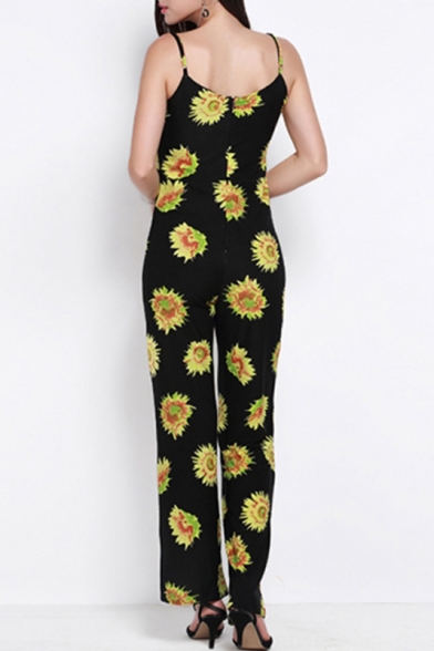 Sexy Plunge V-Neck Spaghetti Straps Floral Printed Sleeveless Jumpsuits