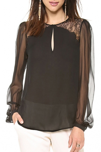 Sexy See Through Lace Back Long Sleeve Cutout Front Blouse Top