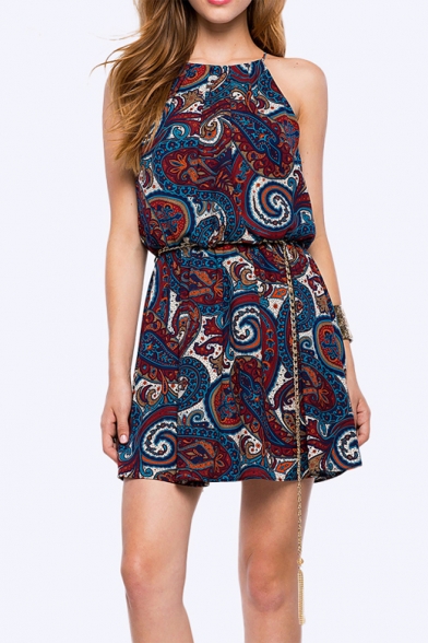 Tribal Print Halter Neck Sleeveless Hollow Out Back A-Line Mini Dress with Belt