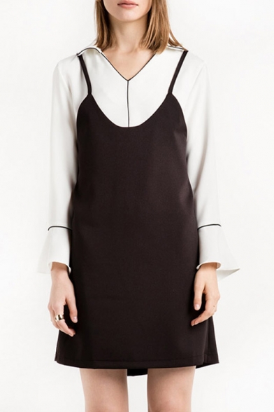 Women's Bell Sleeve V-Neck Shirt Plain Mini Shift Slip Dress Co-Ords