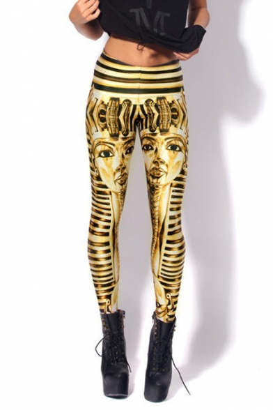Women's Hot Fashion Digital Egypt Pharaoh Print Elastic Waist Skinny Leggings