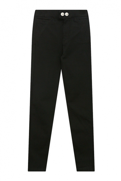 Women's Mid Waist Plain Black Skinny Pants with Pockets