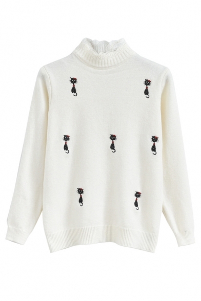 Lovely Layered Mock Neck Embroidery Cat Pattern Long Sleeve Pullover Sweater