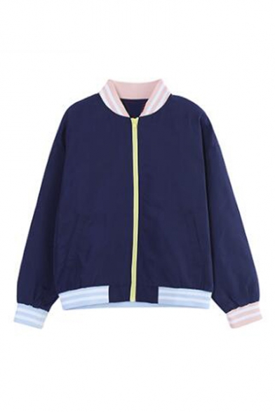 Tassel in Sleeve Zipper Placket Stand-Up Collar Color Block Bomber Jacket