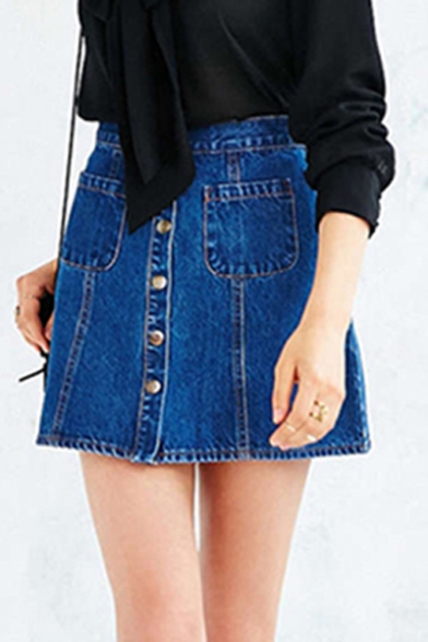 New Stylish Single Breasted Plain Mini A-Line Denim Skirt
