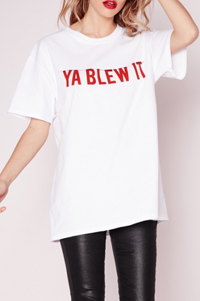 YA BLEW IT Letter Printed Round Neck Short Sleeve Boyfriend Style Tunic Tee