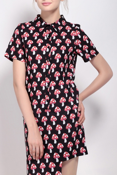 Cute Mushroom Printed Lapel Single Breasted Short Sleeve Asymmetric Hem Shirt Dress