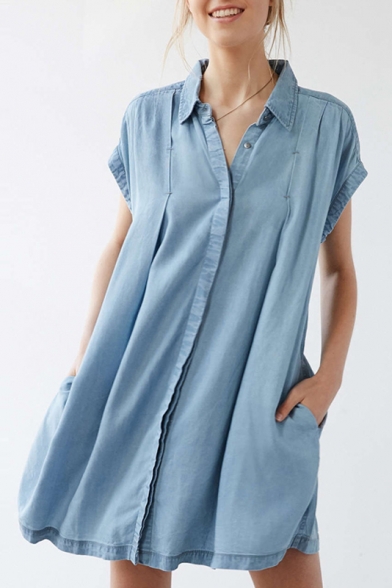 Loose Single Breasted Lapel Short Sleeve Plain Mini Shirt Dress
