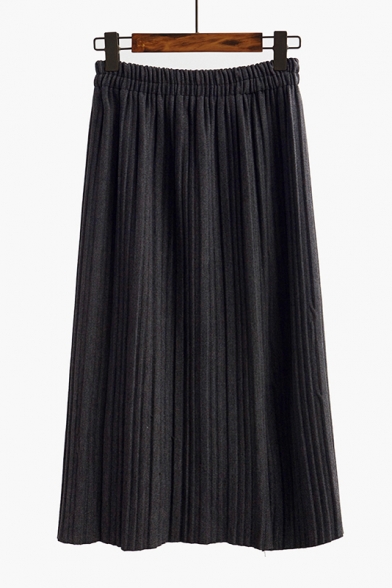 Popular Elastic High Waist Plain Maxi Pleated Skirt