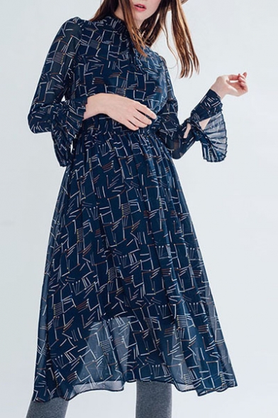 Women's Mock Neck Bell Sleeve Fashion Chiffon A-Line Printed Maxi Dress