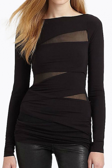 Women's Sexy Mesh Patchwork Bandage Long Sleeve Round Neck Bodycon T-Shirt