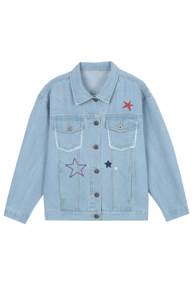 Women's Star Embroidered Single Breasted Long Sleeve Lapel Collar Denim Jacket