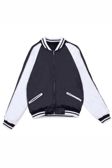 Fashion Black and White Raglan Long Sleeve Zipper Placket Stand-Up Collar Bomber Jacket