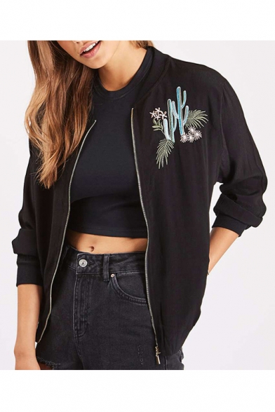 Fashion Embroidery Cactus Zipper Placket Stand-Up Collar Long Sleeve Bomber Jacket