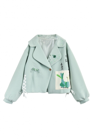 New Stylish Notched Lapel Single Button Drawstring Sides Embroidery Pattern Appliqued Pocket Coat