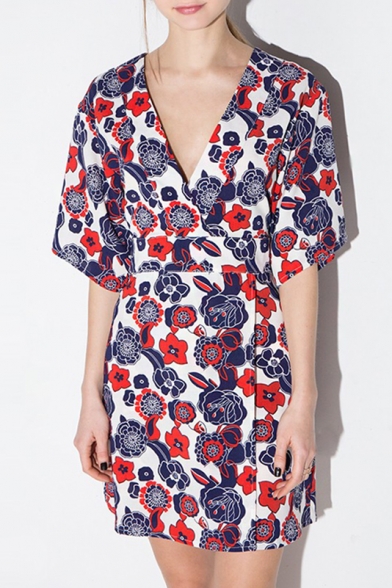 Plunge V-Neck Floral Printed Short Sleeve Color Block  Mini A-Line Dress