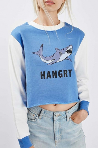 Women's Shark Letter Printed Round Neck Contrast Trim Color Block Cropped Pullover Sweatshirt