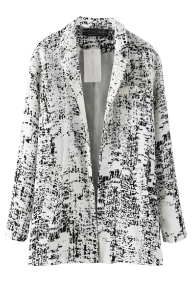 Abstract Print Notched Lapel Open Front Long Sleeve Blazer