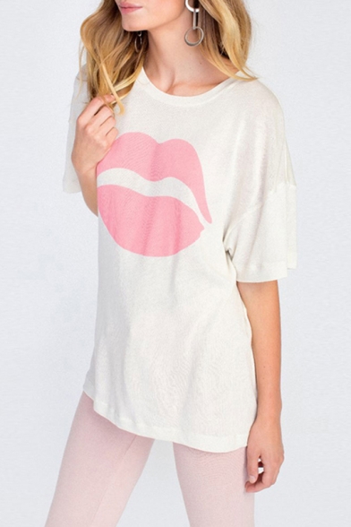 Casual Lips Printed Dropped Short Sleeve Tee Top