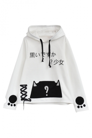 Drawstring Hooded Japanese Letter Animal Printed Long Sleeve Hoodie Sweatshirt