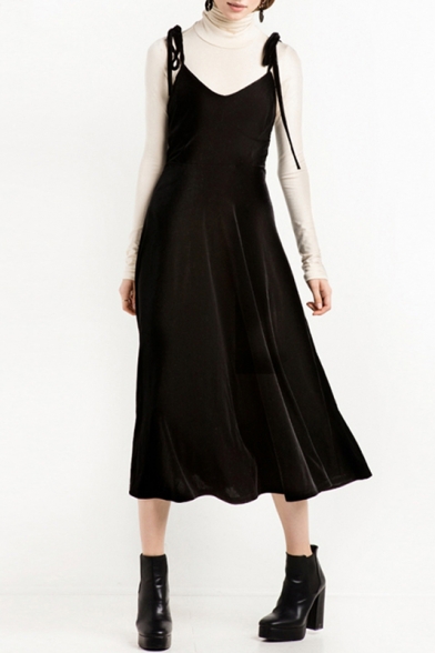 Fashion V-Neck Spaghetti Straps Sleeveless Plain Maxi A-Line Cami Dress
