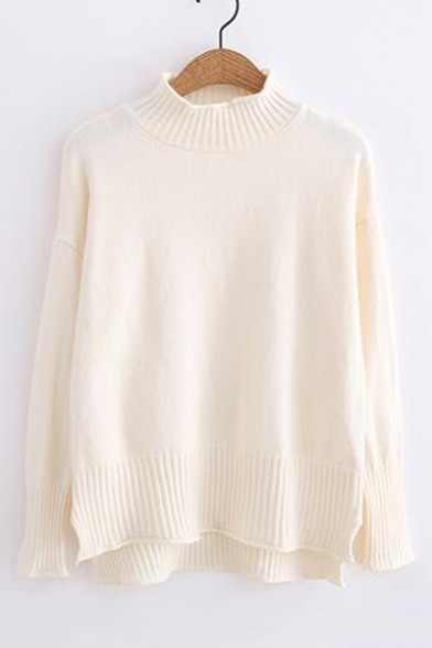 Fashionable Half High Neck Long Sleeve High Low Hem Plain Pullover Sweater