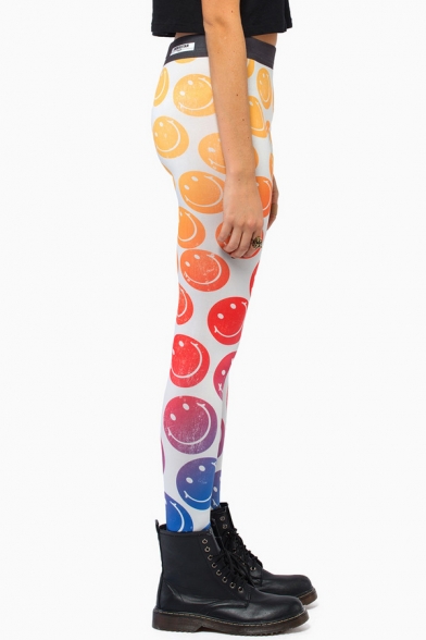 Lovely 3D Smile Face Printed Color Block Skinny Fashion Leggings