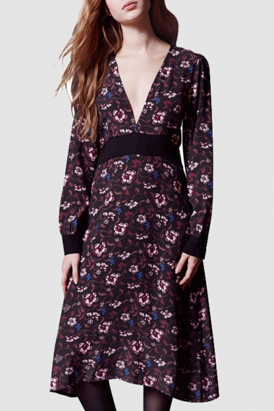 Sexy Retro Style Plunge V-Neck Long Sleeve Floral Printed Midi A-Line Dress