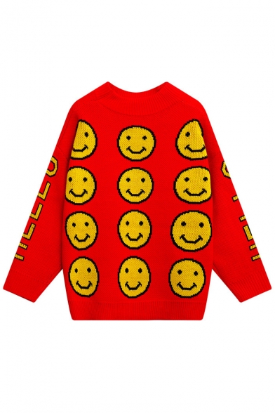 Women's Round Neck Long Sleeve Happy Face Printed Casual Sweater