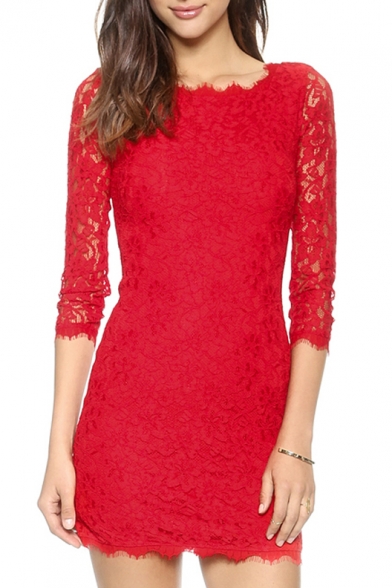 Chic Elegant Lace Crochet Half Sleeve Plain Mini Bodycon Party Dress