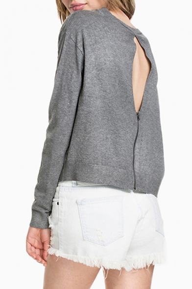 Sexy Cutout Zip-Back Round Neck Long Sleeve Plain Sweater