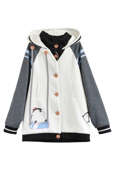 Single Breasted Contrast Raglan Long Sleeve Cartoon Penguin Printed Hooded Coat