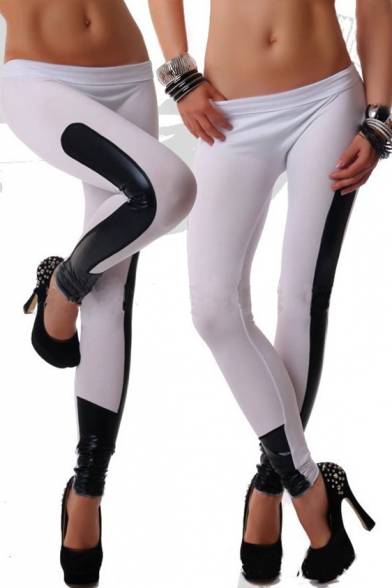 Women's Fashion Faux Leather Patched Elastic Waist Sports Yoga Leggings