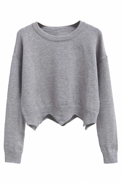 Asymmetric Hem Round Neck Dropped Long Sleeve Plain Cropped Sweater