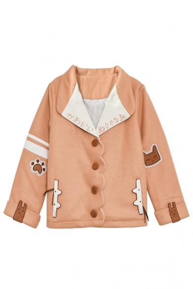Embroidery Japanese Letter Lapel Animal Appliqued Single Breasted Coat with Zip-Pockets