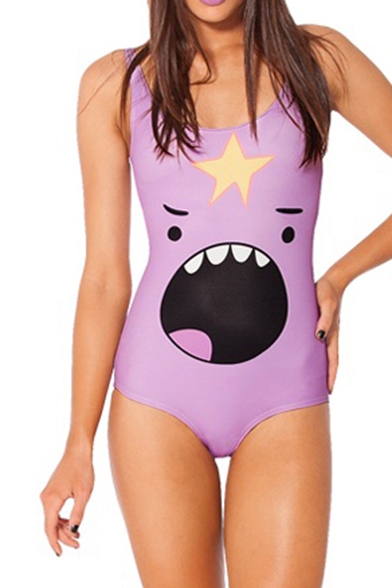Light Purple One Piece Swimsuit in Angry Expression Cartoon Print