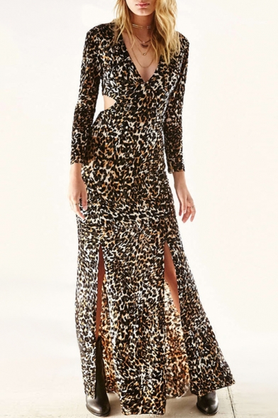Sexy Plunge V-Neck Cutout Back Long Sleeve Split Hem Leopard Printed Maxi A-Line Dress