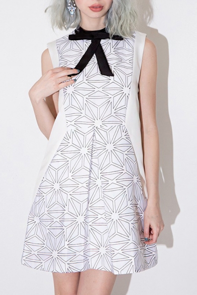 Summer Bow Front Sleeveless Geometric Print Basic A-Line Mini Dress