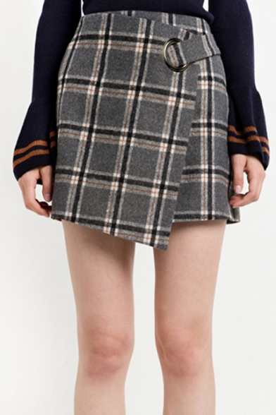 Fashion Color Block Plaid Asymmetric Hem Wrap Skirt with Metal Ring