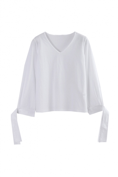 New Arrival Fashion V-Neck Long Sleeve Tie Up Sleeve Plain Casual Blouse