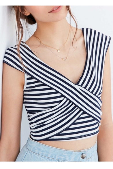 New Stylish Striped Crisscross Front V-Neck Cap Sleeve Color Block Cropped Tee