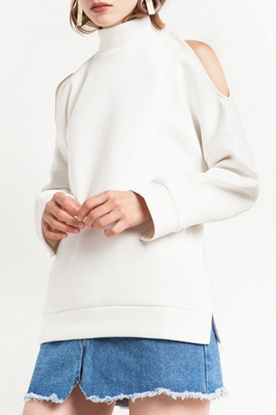 Women's Mock Neck Cold Shoulder Long Sleeve Plain Sweatshirt with Side Slit